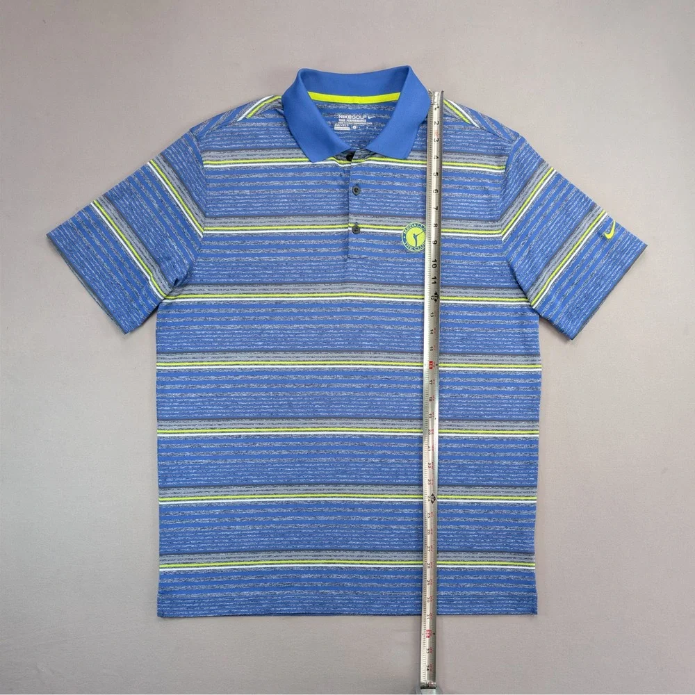 Nike Golf Dri Fit Blue Striped Polo Shirt Large Medallion Club